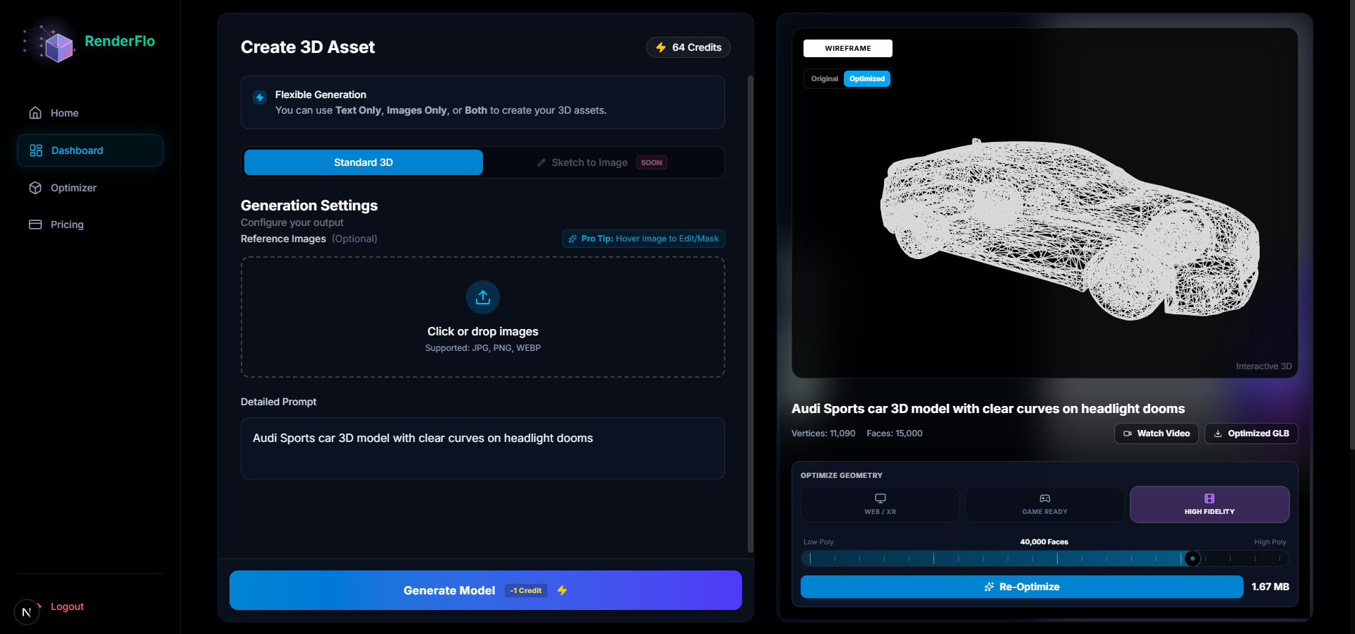 RenderFlo Dashboard Interface - 3D Model Optimization